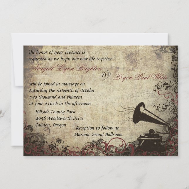 Vintage Phonograph Wedding Invitation Maroon (Front)