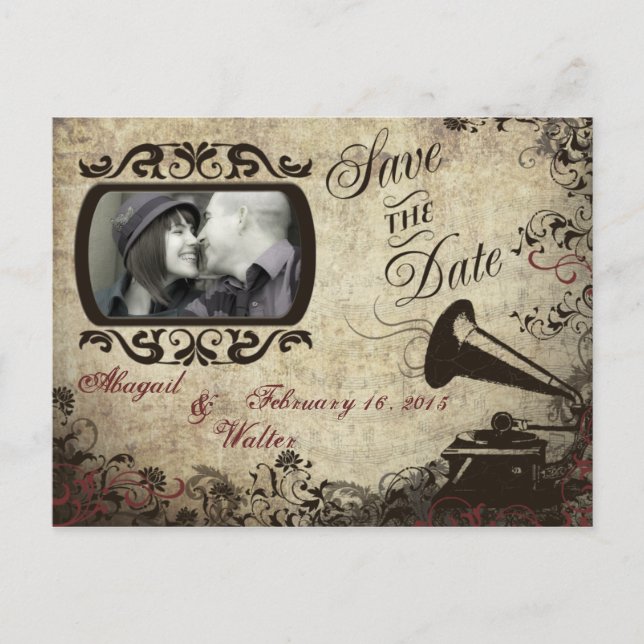 Vintage Phonograph Wedding Save the Date Card (Front)