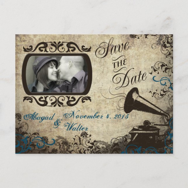 Vintage Phonograph Wedding Save the Date Postcard (Front)