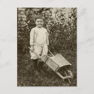 Vintage Photo- Boy- Wheelbarrow- Postcard
