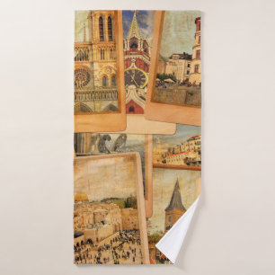 Vintage photo cards collage. European, Middle East Bath Towel