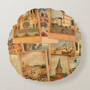 Vintage photo cards collage. European, Middle East Round Cushion