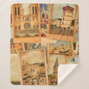 Vintage photo cards collage. European, Middle East Sherpa Blanket