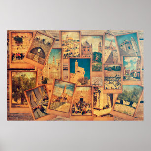 Vintage photo cards on the old wood background. Re Poster