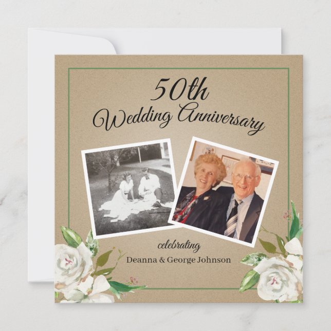 Vintage Photo Floral 50th Wedding Anniversary Invitation (Front)