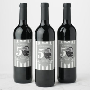 Vintage Photo Golfer Grey White 50th Birthday Wine Label