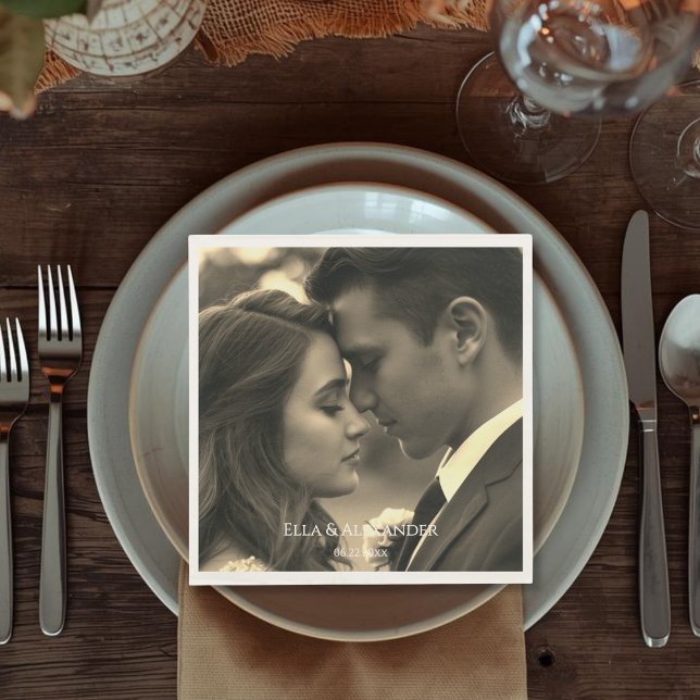 Vintage Photo Napkin (Vintage Style Sepia Photo Overlay Names Date Napkins)