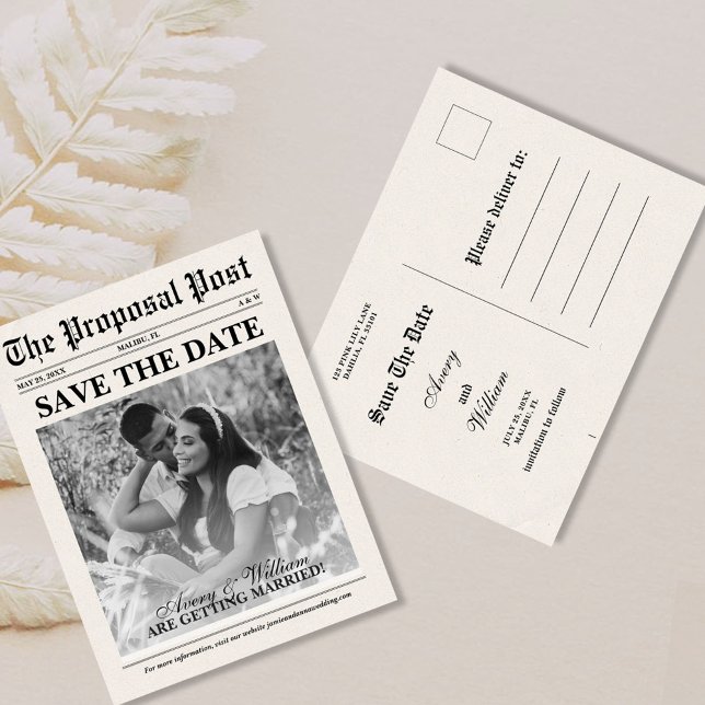 Vintage Photo Newspaper Wedding Save The Date Postcard (Creator Uploaded)