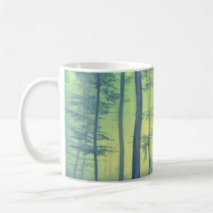 Vintage photo of foggy spring forest. coffee mug