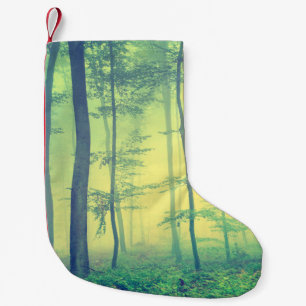 Vintage photo of foggy spring forest. small christmas stocking