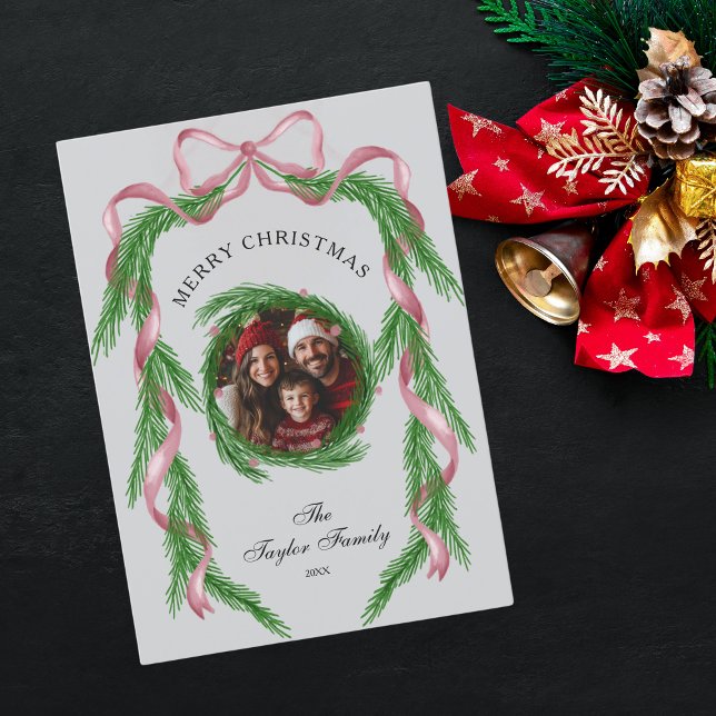 Vintage Photo Pink Ribbon Wreath Merry Christmas Invitation (Creator Uploaded)