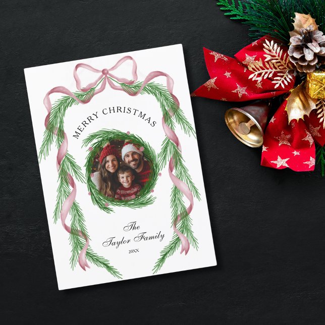 Vintage Photo Pink Ribbon Wreath Merry Christmas Invitation (Creator Uploaded)