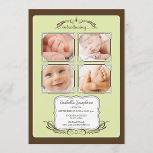 Vintage Photo Quad 5x7" Lime Birth Announcement