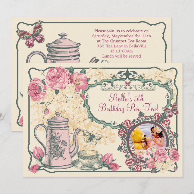 Vintage Photo Tea Party Invitation (Front/Back)