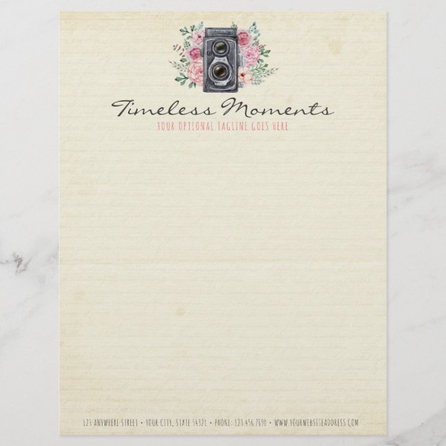 Vintage Photography Camera Rustic Photographer Personalized Letterhead (Front)