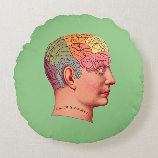 Vintage Phrenology Head Mind Brain Map Round Cushion (Front)