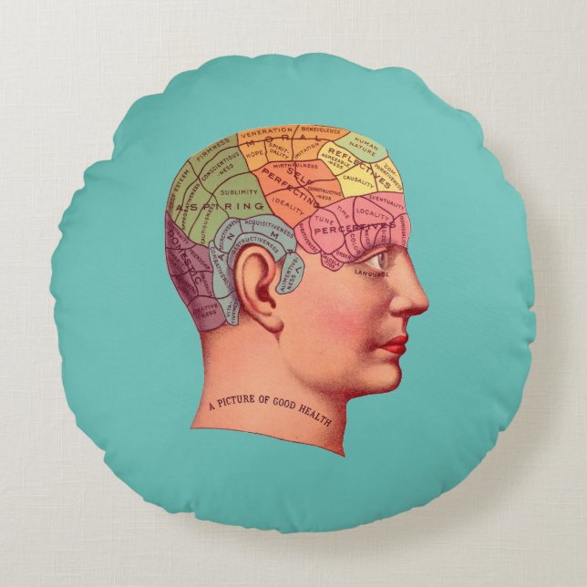 Vintage Phrenology Head Mind Brain Map Round Cushion (Front)