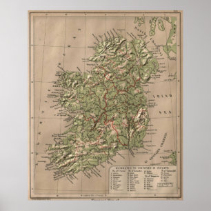 Vintage Physical Map of Ireland (1880) Poster