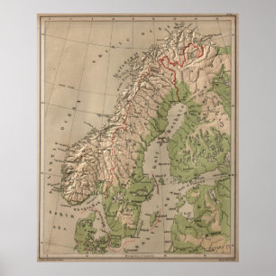Vintage Physical Map of Norway and Sweden (1880) Poster