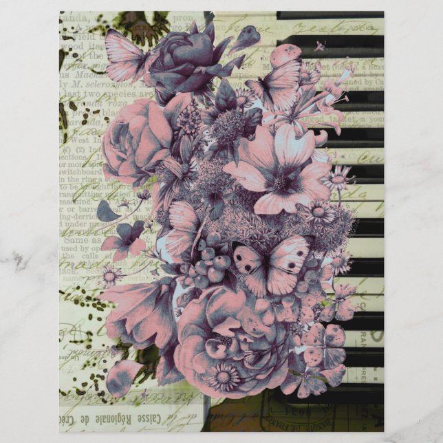 Vintage piano and flowers on old paper (Front)