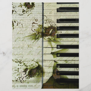 Vintage piano and white orchids on old paper