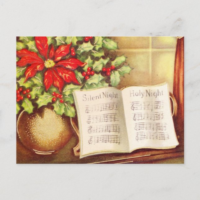 Vintage Piano, Silent Night Pointsettia Christmas Holiday Postcard (Front)