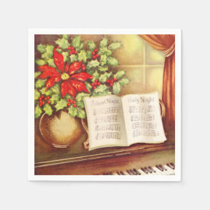 Vintage Piano, Silent Night Pointsettia Christmas Napkin