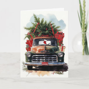 Vintage Pickup Truck Christmas Tree Presents Ho Ho Holiday Card