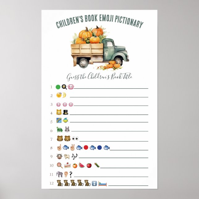 Vintage Pickup Truck Emoji Baby Shower Game Poster (Front)