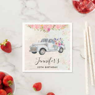 Vintage Pickup Truck Rustic Watercolor Birthday Napkin