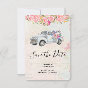 Vintage Pickup Truck Rustic Watercolor Birthday Save The Date