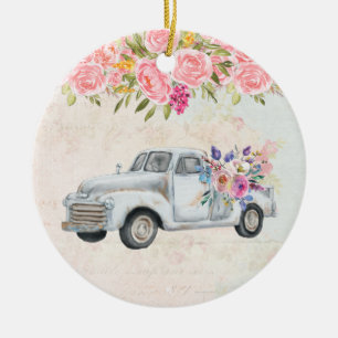 Vintage Pickup Truck Rustic Watercolor Ceramic Tree Decoration