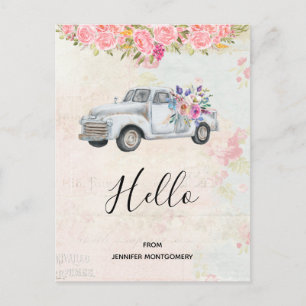 Vintage Pickup Truck Rustic Watercolor Hello Postcard