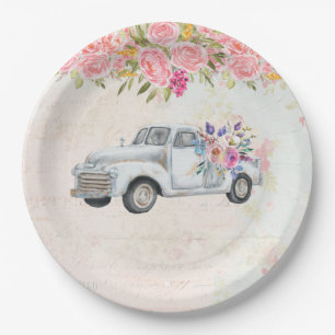 Vintage Pickup Truck Rustic Watercolor Paper Plate