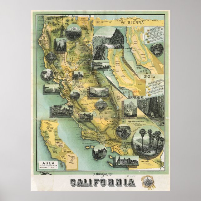 Vintage Pictorial California Map Poster 1888 (Front)