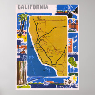 Vintage Pictorial California Map Poster 1950