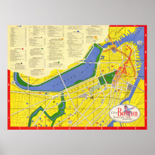 Vintage Pictorial Colorful Detailed Map of Boston Poster