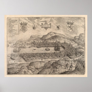 Vintage Pictorial Map of Bergen Norway (1588) Poster