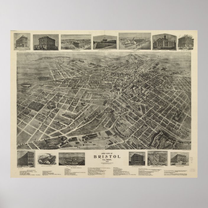 Vintage Pictorial Map of Bristol Virginia (1912) Poster Zazzle.co.uk