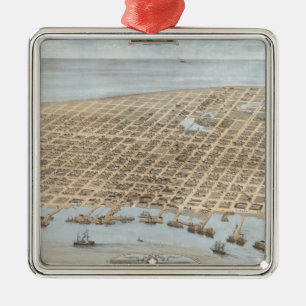 Vintage Pictorial Map of Galveston (1871) Metal Tree Decoration