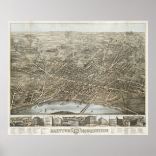 Vintage Pictorial Map of Hartford CT (1877) Poster