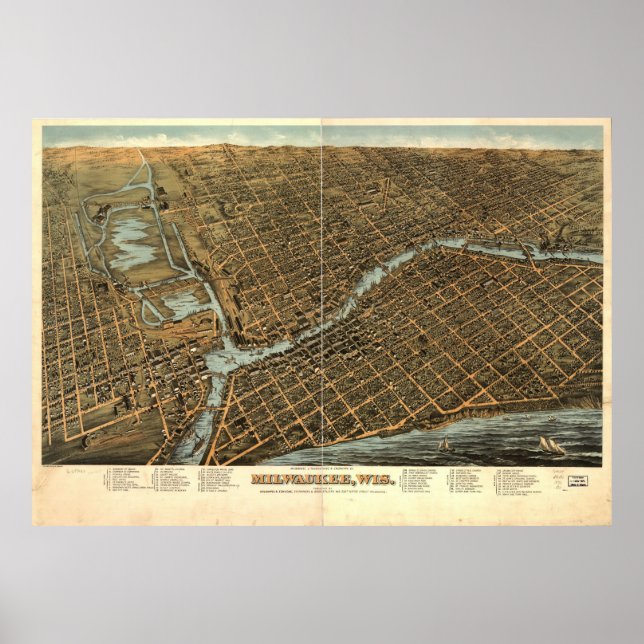 Vintage Pictorial Map of Milwaukee (1872) Poster (Front)