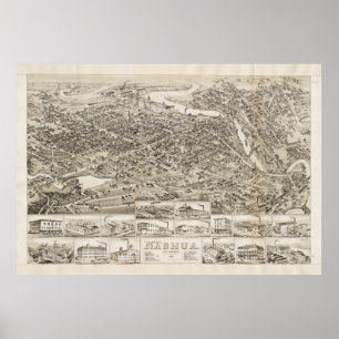 Vintage Pictorial Map of Nashua NH (1883) Poster