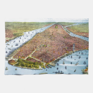 Vintage Pictorial Map of New York City (1879) Tea Towel