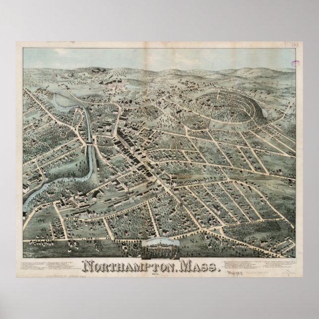 Vintage Pictorial Map of Northampton MA (1875) Poster (Front)