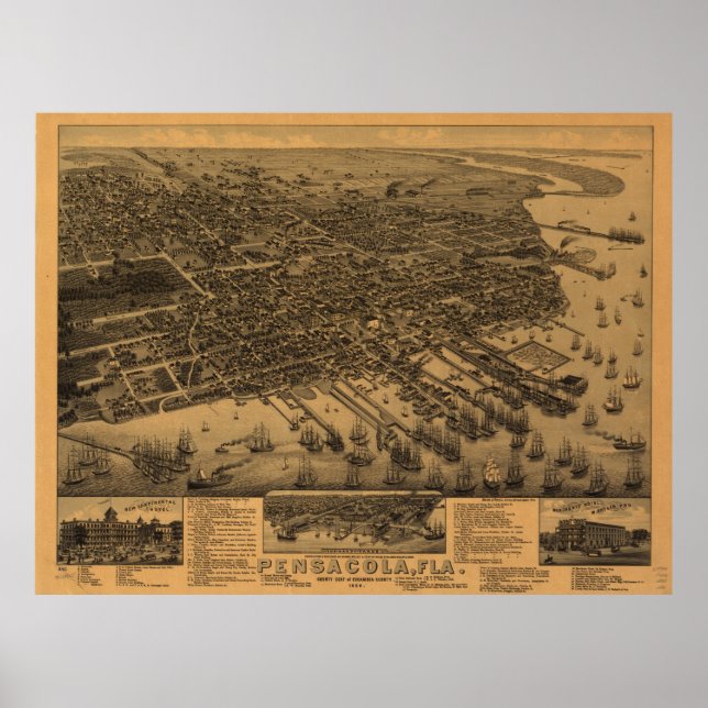 Vintage Pictorial Map of Pensacola (1885) Poster (Front)