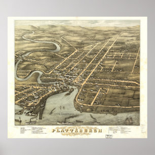 Vintage Pictorial Map of Plattsburgh NY (1877) Poster