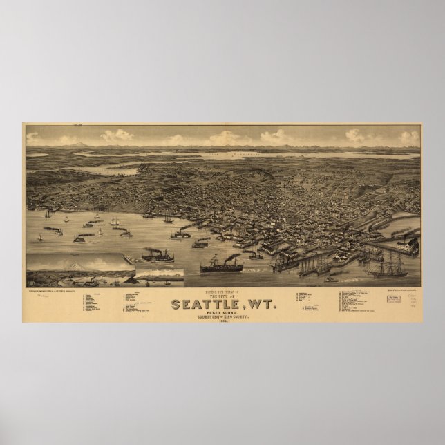 Vintage Pictorial Map of Seattle (1884) Poster (Front)