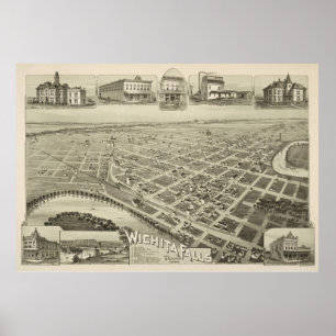 Vintage Pictorial Map of Wichita Falls TX (1890) Poster