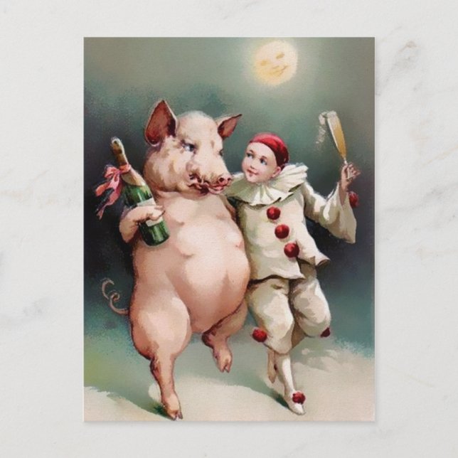 Vintage Pig Drinking New Year Postcard (Front)